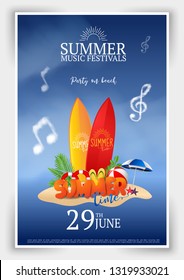 Summer Time Holiday typographic illustration with surf boards. Poster Party on beach music elements on ocean