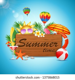 Summer time Holiday typographic illustration on vintage wood background. vector illustration