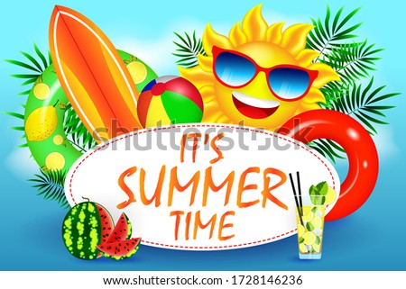 Summer Time Holiday typographic illustration. Tropical plants, flower, beach ball and sunshade. summer elements and balloons in blue sky background