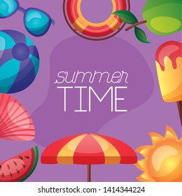 summer time holiday umbrella beachball float sun ice cream lemon frame vector illustration