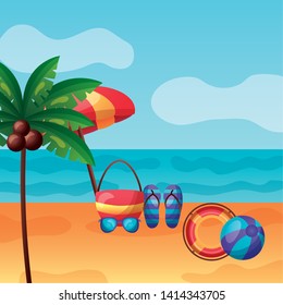 summer time holiday umbrella lifebuoy ball sunglasses flip flops vector illustration