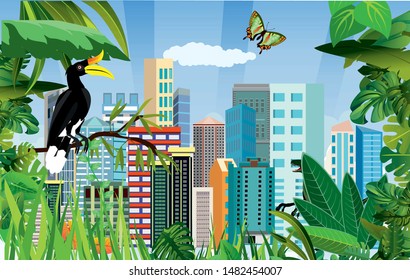 Summer Time Holiday and urban buildings travel illustration with bird on jungle wood vintage background. Tropical floral frame with blue sky. Design template
