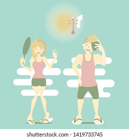 summer time holiday vacation season with man and woman sweating in hot temperature and sun, perspiration concept, flat cartoon character design, vector illustration