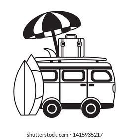 summer time holiday van car umbrella surfboards suitcase vector illustration