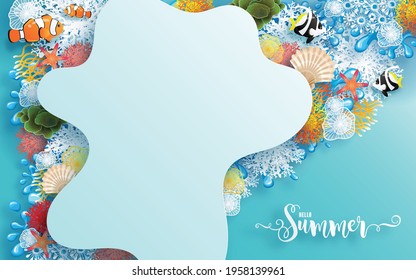Summer time holiday vector design  with  beach, colorful under the sea, sand, coral, fish, shell, and elements paper cut with craft style on background color .