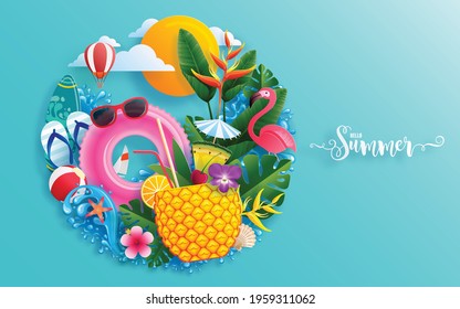 Summer time holiday vector design with beach,colorful tropical flowers heliconia rostrata,fruit,sea,nature,summer drink,under the sea,coral,flamingo,sun,sand,cocktail, paper cut style on background. - Shutterstock ID 1959311062
