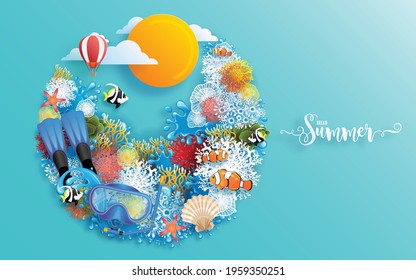 Summer Time Holiday Vector Design  With  Beach, Colorful Under The Sea, Sand, Coral, Fish, Shell, And Elements Paper Cut With Craft Style On Background Color .