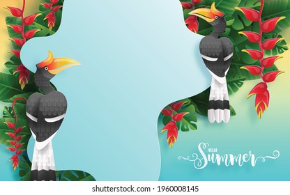 Summer time holiday vector design background with colorful tropical flowers heliconia rostrata, leaves, nature, hornbill bird, sun elements paper cut with craft style on background color .