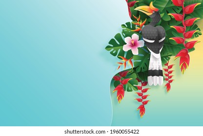 Antecedentes de diseño vectorial de vacaciones de verano con flores tropicales coloridas heliconia rostrata, hojas, naturaleza, pájaro de buñuelos, elementos solares cortados con estilo artesanal en color de fondo.