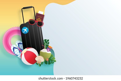 Summer time holiday vector design with beach,colorful tropical flowers heliconia rostrata,fruit,sea,nature,summer drink,under the sea,coral,flamingo,sun,sand,cocktail, paper cut style on background.

