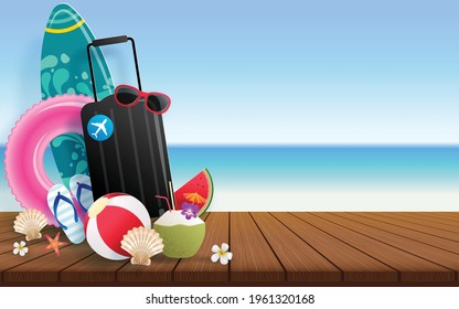 Summer time holiday vector design wood floor with beach,fruit,sea,nature,summer drink,sun,sand,cocktail, paper cut style on background.