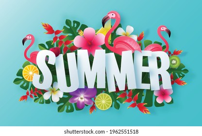 Diseño vectorial de vacaciones de verano con playa, coloridas flores tropicales heliconia rostrata, fruta, mar, naturaleza, bebida de verano, bajo el mar, coral, flamingo, sol, arena, cóctel, corte de papel estilo en el fondo.