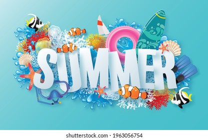 Diseño vectorial de vacaciones de verano con playa, colorido bajo el mar, arena, coral, pescado, concha y elementos de papel cortado con estilo artesanal en color de fondo .