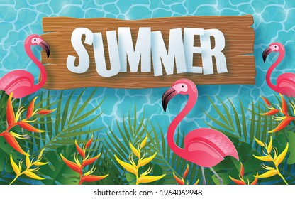 Summer time holiday vector design background with colorful tropical flowers heliconia rostrata, leaves, nature, flamingo, sun elements paper cut with craft style on background color .