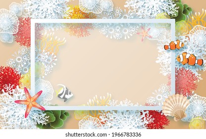 Summer time holiday vector design  with  beach, colorful under the sea, sand, coral, fish, shell, and elements paper cut with craft style on background color .