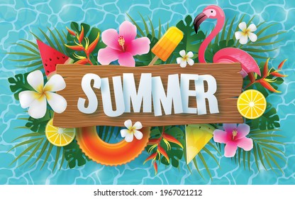 Summer time holiday vector design with beach,colorful tropical flowers heliconia rostrata,fruit,sea,nature,summer drink,under the sea,coral,flamingo,sun,sand,cocktail, paper cut style on background.
