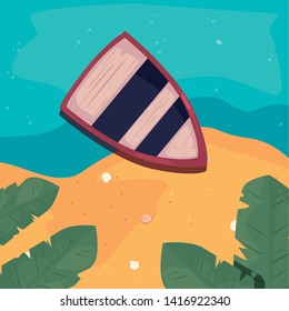 summer time holiday vector illustration with red boat pulled up on sandy shore
