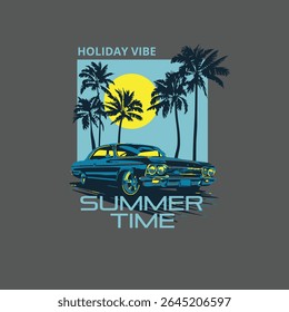 Summer Time Holiday vibe Car Palm tree vector graphic design