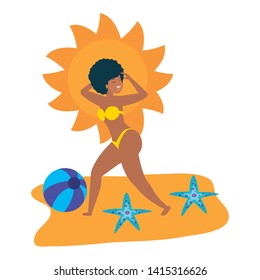 summer time holiday woman beach beachball sun starfishes vector illustration