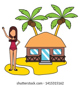 summer time holiday woman bungalow beach palm sand vector illustration