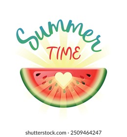 Summer Time. Summer Holidays concept with heart in watermelon and sun. Vector illustration.