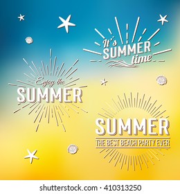 Summer Time holidays lettering logo Template. Vector Typographic Design Label. enjoy the Summer party, tropical paradise, sea, sunshine, weekend tour, beach vacation, adventure label
