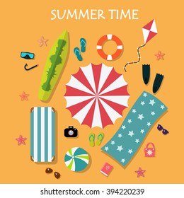 Summer Time. Holidays. Traveling.sun With Fun. Relaxing Time. Icons Set. Vector Illustration.