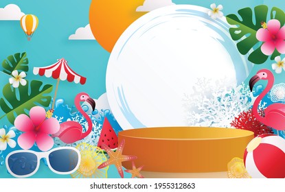 3d Productos de fondo para el podio de verano en el vector 3d con base de podio de círculo cilindro para mostrar productos cosméticos con realismo de flores tropicales hermosas en color de fondo.