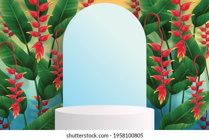 Summer time holliday vector design 3d products podium with colorful tropical flowers heliconia rostrata, leaves, nature, flamingo, sun elements paper cut with craft style on background color 