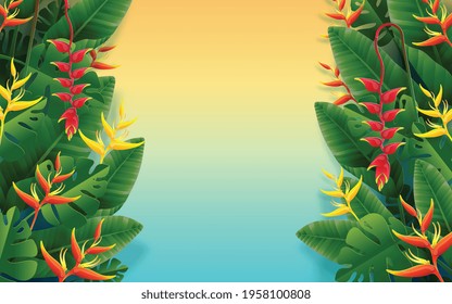 Summer time holliday vector design 3d products podium with colorful tropical flowers heliconia rostrata, leaves, nature, flamingo, sun elements paper cut with craft style on background color 