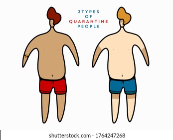 Summer time at home. Quarantine isolation. Two types of quarantine men. Funny illustration. Boy in swimsuit tanned and untanned. Different tanning marks vector illustration