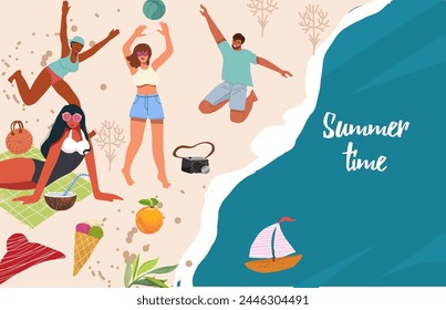 Summer time. Horizontal advertising banner of recreation, relax, travel theme. Trendy young people sunbathe on beach. Top view. Colorful vector illustration in cartoon style with lettering.
