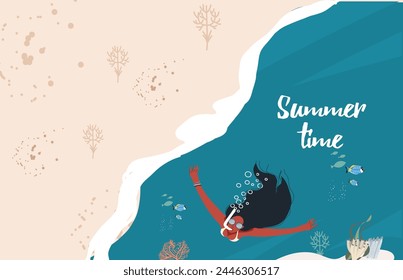 Summer time. Horizontal advertising banner on the theme of rest, relaxation, travel. Girl swimming underwater, underwater world. Vector hand drawn illustration.

