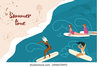 Summer time. Horizontal advertising banner on the theme of rest, relaxation, travel. People surfing, vector drawn hand drawn illustration.
