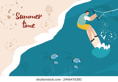 Summer time. Horizontal advertising banner on the theme of rest, relaxation, travel. Guy man riding a board, windsurfing, kiteboarding, vector hand drawn illustration.
