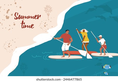 Hora de verano. Horizontal Anuncio publicitario sobre el tema de descanso, relajación, viajes. Familia montando en sapas, con remos, Vector dibujado a mano ilustración.

