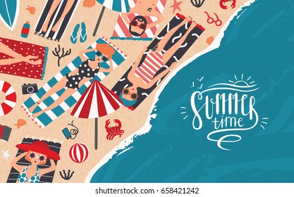 Summer time. Horizontal advertising banner of recreation, relax, travel theme. Trendy young people sunbathe on beach. Top view. Colorful vector illustration in cartoon style with lettering.