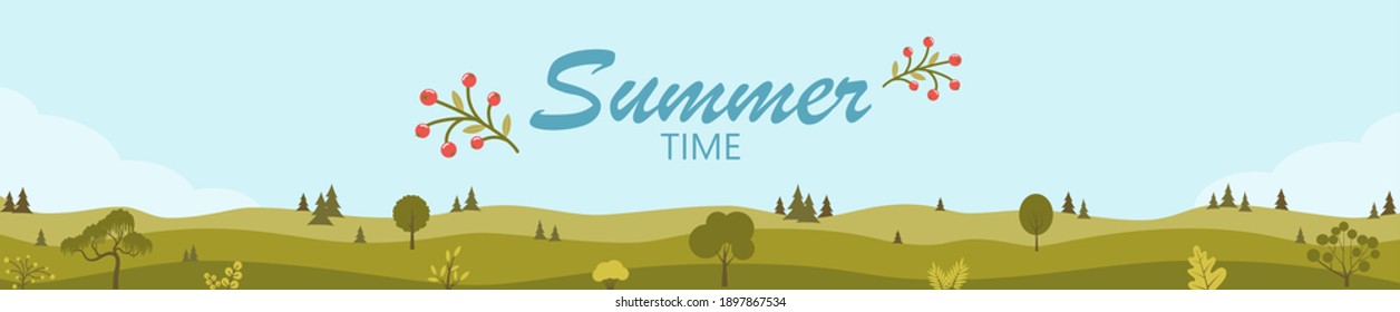 Summer time horizontal banner. Beautiful fields landscape with a green hills, trees, bushes. Rural landscape. Countryside background Web banner template. Vector illustration