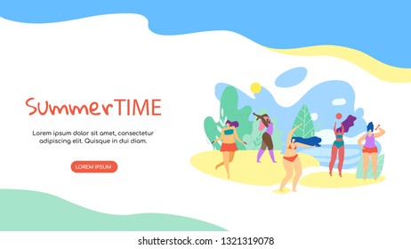 Summer Time Horizontal Banner with Copy Space. Young Happy Various Women Playing and Relaxing Open Air on Sunny Landscape Background. Active Lifestyle. Body Positive. Cartoon Flat Vector Illustration