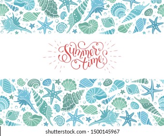 Summer time horizontal banner. Hand drawn sea shells and stars collection. Marine illustration of ocean shellfish. Blue seashells arranged in stripe isolated on white background.