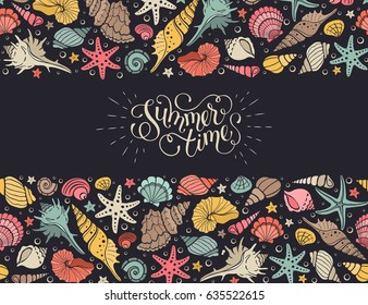 Summer time horizontal banner. Hand drawn sea shells and stars collection. Marine illustration of ocean shellfish. Colorful seashells border isolated on dark background.
