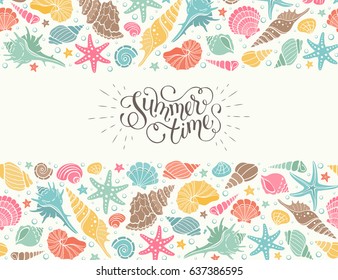 Summer time horizontal banner. Hand drawn sea shells and stars collection. Marine illustration of ocean shellfish. Colorful seashells arranged in stripe isolated on white background.