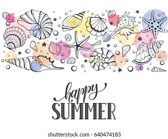 Summer time horizontal banner. Hand drawn sea shells and stars collection. Marine illustration of ocean shellfish. Colorful seashells arranged in stripe isolated on white background.