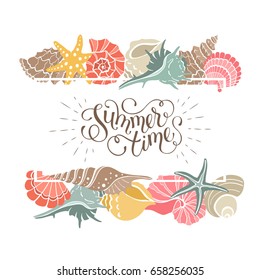 Summer time horizontal banner. Hand drawn sea shells and stars collection. Marine illustration of ocean shellfish. Colorful seashells arranged in stripe isolated on white background.