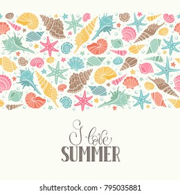 Summer time horizontal banner. Hand drawn sea shells and stars collection. Marine illustration of ocean shellfish. Colorful seashells arranged in stripe isolated on white background.