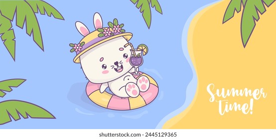 Summer time horizontal poster. Happy rabbit girl with cocktail swims on rubber circle on seashore under tropical palm leaves. Funny kawaii animal character. Vector illustration
