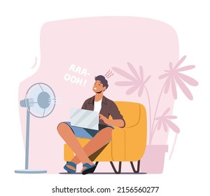 Summer Time Hot Period Concept. Sweltering in Heat Male Character Sitting on Sofa Trying to Work under Fan or Ventilator Flow. Heat Stroke, Heating Weather. Cartoon People Vector Illustration