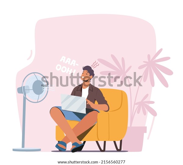 Summer Time Hot Period Concept. Sweltering\
in Heat Male Character Sitting on Sofa Trying to Work under Fan or\
Ventilator Flow. Heat Stroke, Heating Weather. Cartoon People\
Vector Illustration