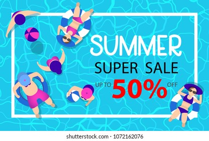 summer time hot sale advertising background design with pool blue water and people playing ball. can be use for poster, background template. vector illustration