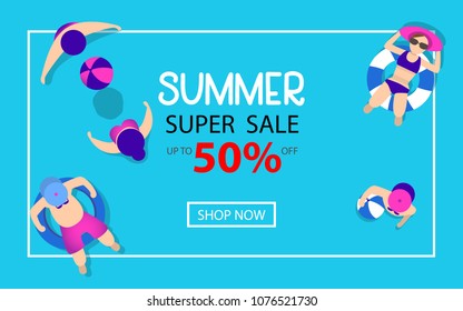 summer time hot sale advertising background design with pool blue water and people playing ball. can be use for poster, background template. vector illustration